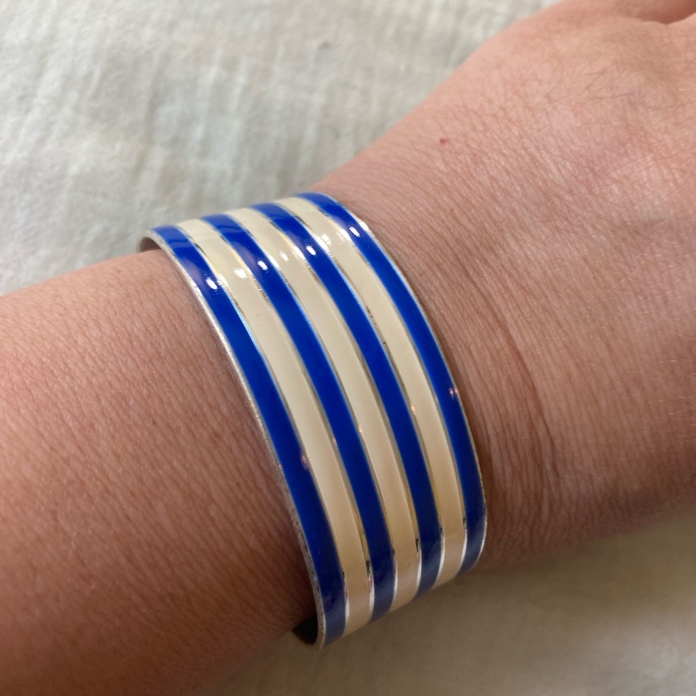 Blue and White Enameled Striped Cuff Bracelet Nautical Summer‎ - Picture 6 of 6